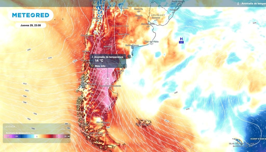 Anomalías de temperatura El ascenso de temperatura será notorio en algunos sectores del país. Pero en la Patagonia algunas anomalías podrán alcanzar los 14 ºC respecto de los valores promedio.