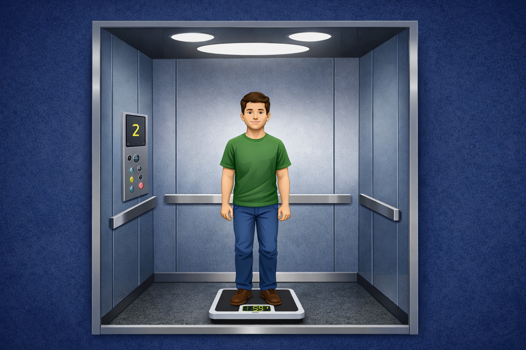Persona sobre una báscula dentro de un ascensor: el peso aparente varía según la aceleración de la cabina, no por cambios reales en la masa corporal.
