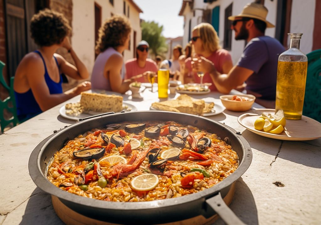 comida mediterránea entre amigos con fondo de casas