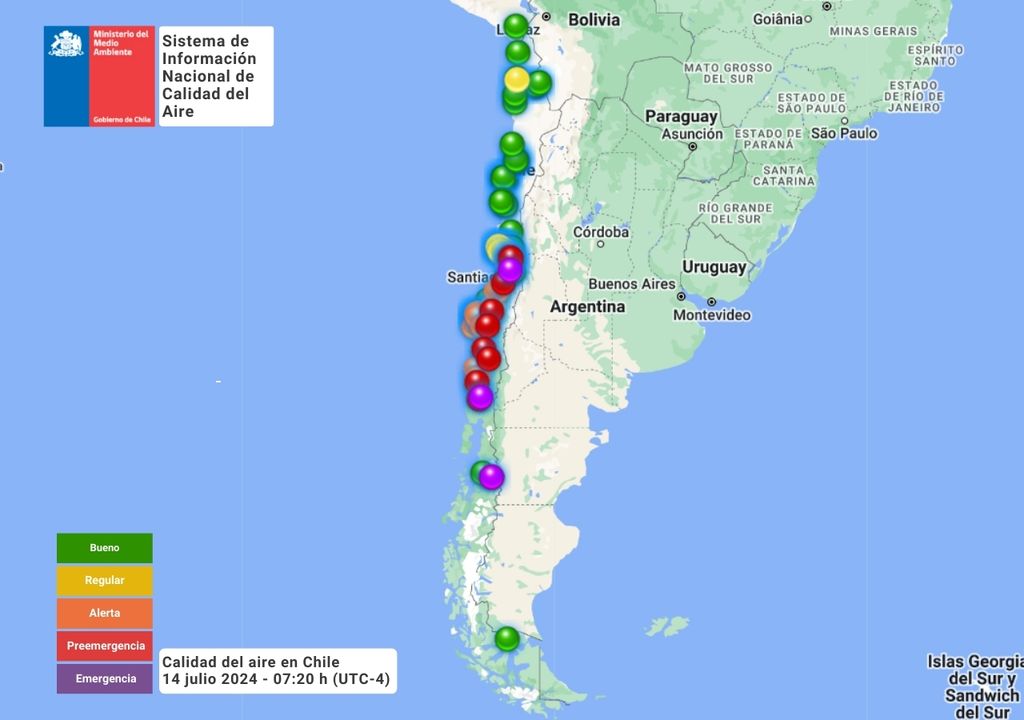 Mapa con calidad del aire en diversas estaciones de Chile Mapa con calidad del aire en diversas estaciones de Chile