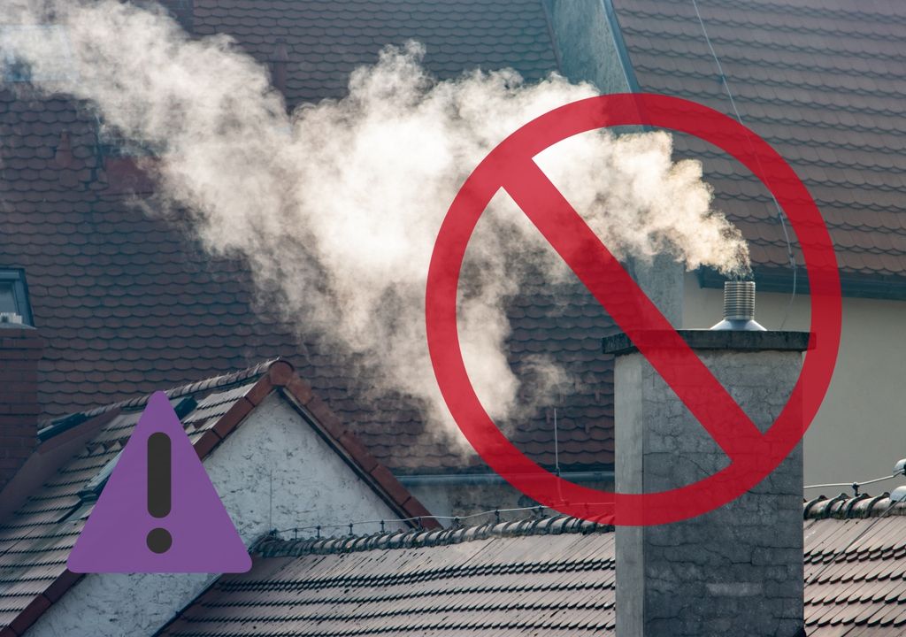 chimenea liberando humo visible, con signo de prohibición adelante y símbolo de advertencia en color morado