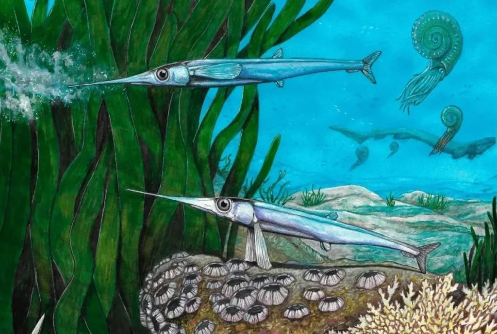 Ilustração do peixe Antarctichthys longipectoralis e da biota da Formação Snow Hill Island • Maurilio Oliveira/Divulgação/Nature