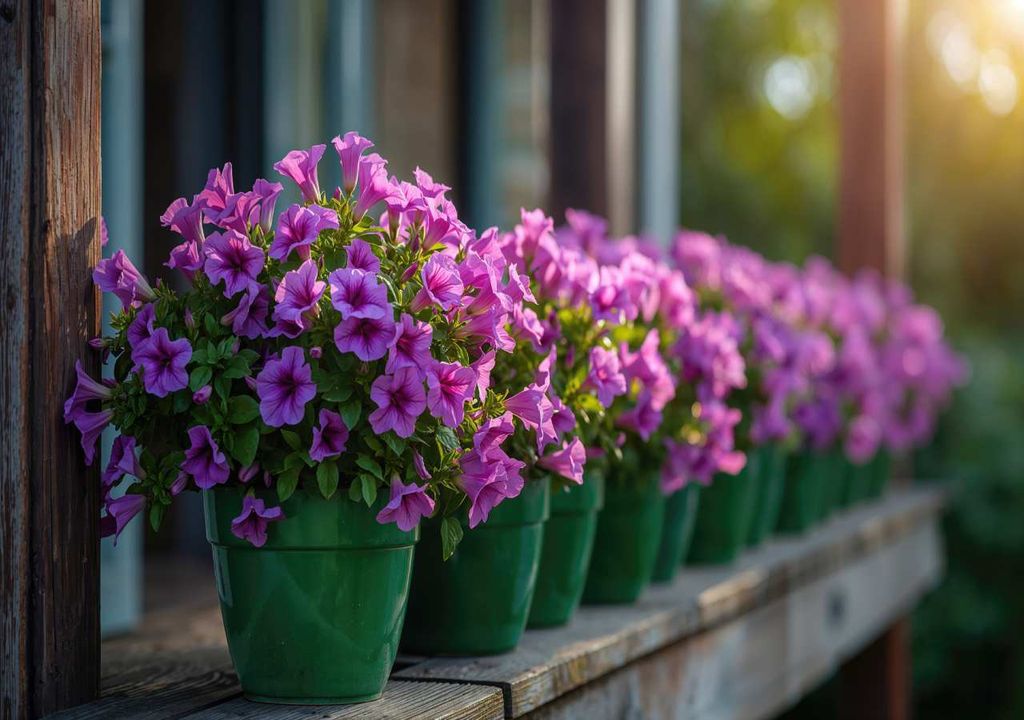 Petúnias a embelezar varandas e espaços urbanos, trazendo cor e vida ao ambiente citadino mesmo sob condições de calor e exposição intensa.