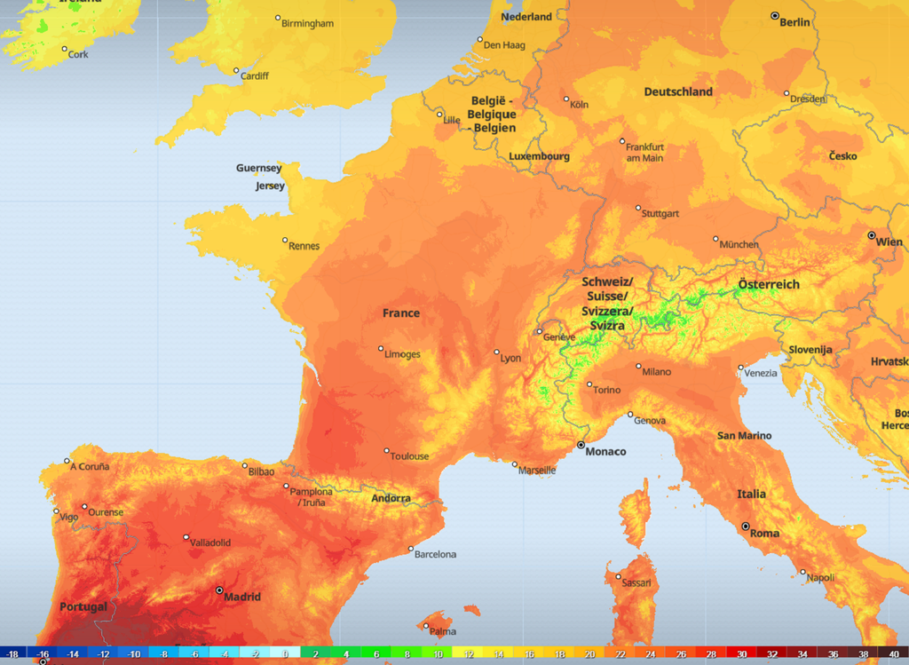 Températures maximales prévues mercredi après-midi (modèle ECMWF via tameteo). Températures maximales prévues mercredi après-midi (modèle ECMWF via tameteo).