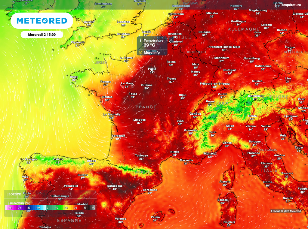 De fortes et même très fortes chaleurs étendues mercredi. Localement jusqu'à 40°C possibles à l'ombre.