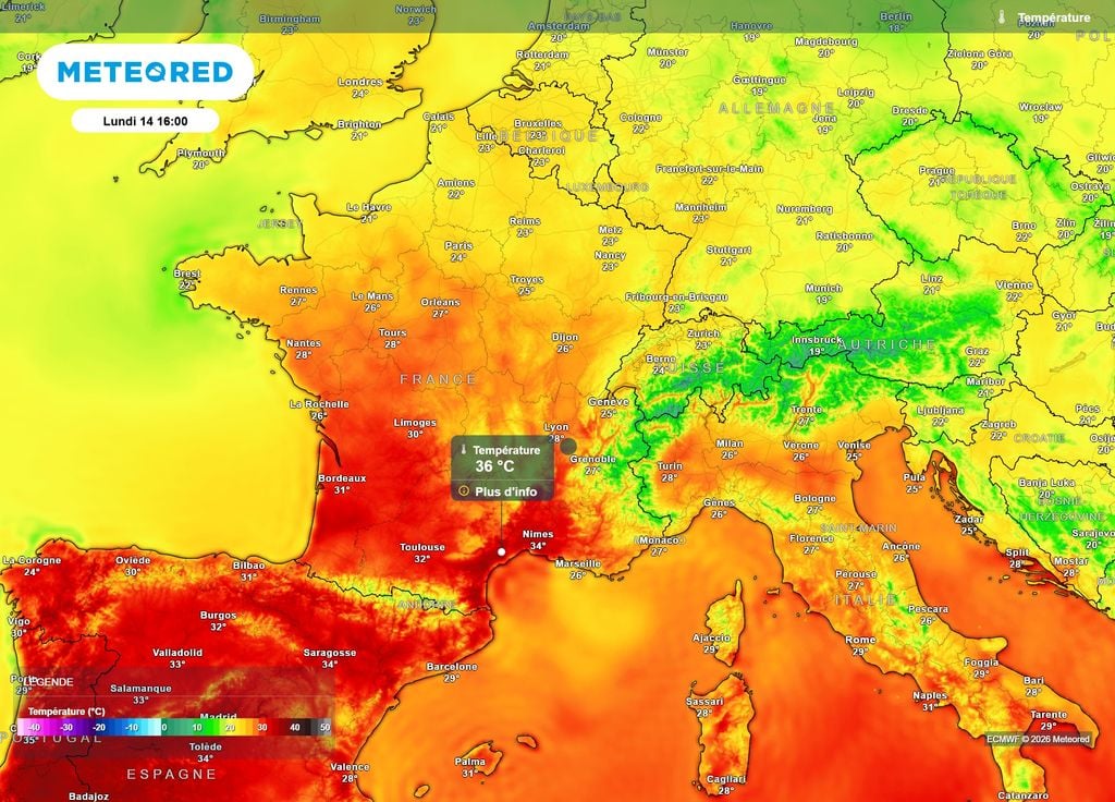 Lundi après-midi, le modèle européen prévoit des températures allant jusqu'à 36°C à l'ombre dans les terres du Languedoc-Roussillon.