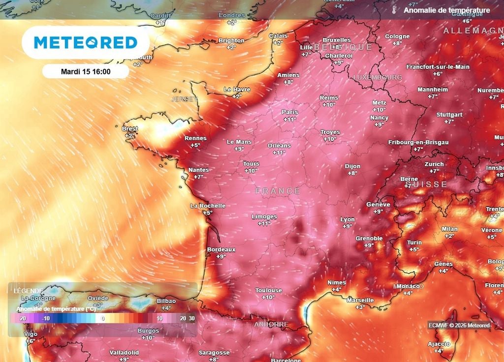 Anomalies de températures Les températures seront situées largement au-dessus des normales de la période cet après-midi sur la majorité de la France