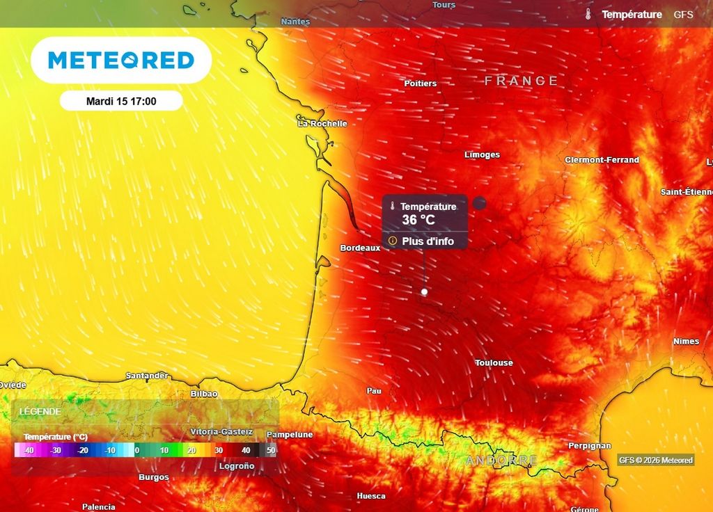 Forte chaleur De très fortes chaleurs sont attendues cet après-midi sur le sud-ouest de la France avec des pointes à 36 voire localement 37°C sur les secteurs les plus chauds