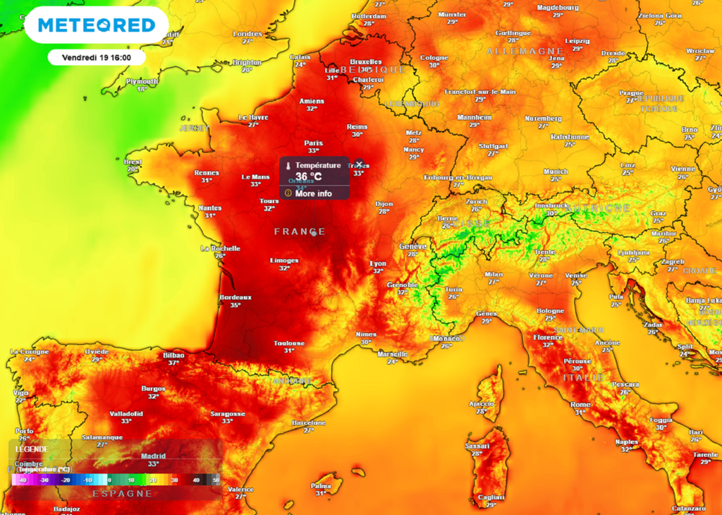 Vendredi après-midi, des pointes à plus de 35°C pourraient remonter jusqu'aux régions centrales.