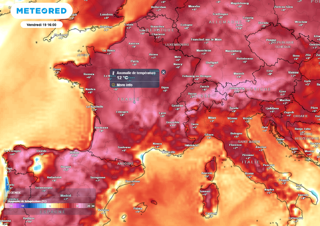 Vendredi, les températures seront situées jusqu'à 12°C au-dessus des normales de saison.