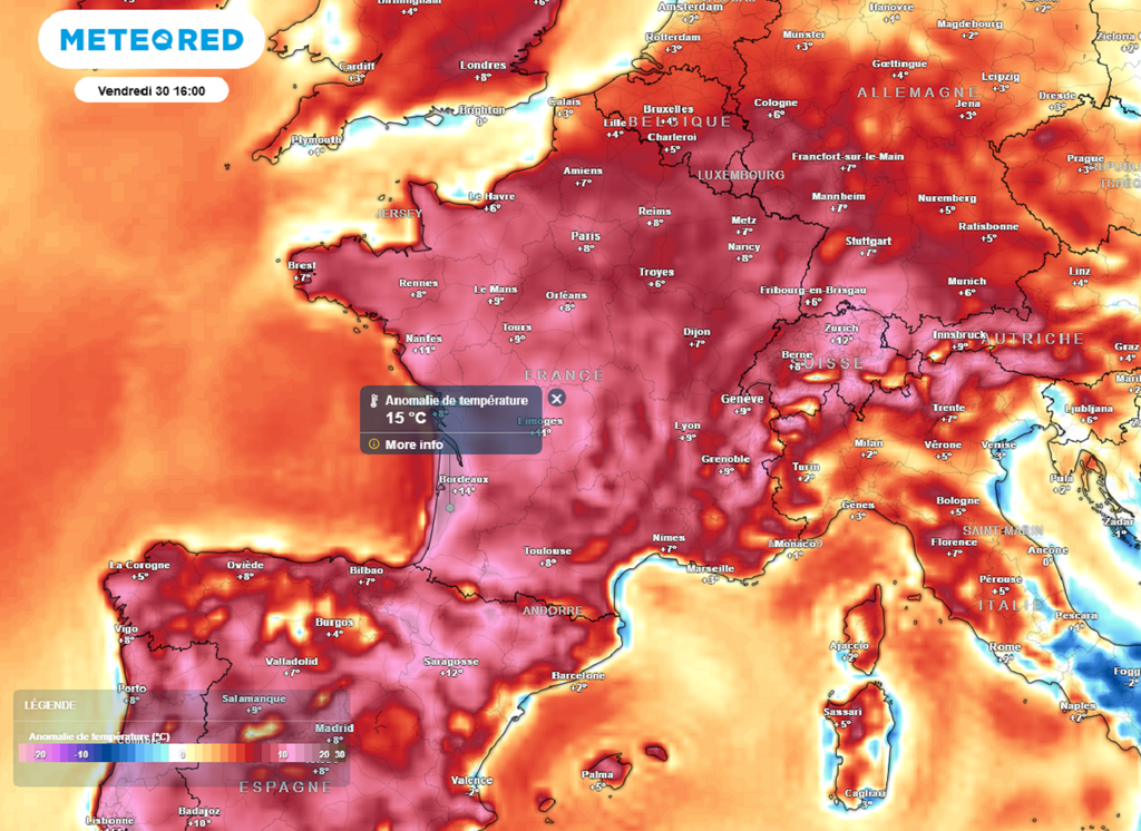 En fin de semaine, les températures seront situées jusqu'à 15°C au-dessus des normales de saison. En fin de semaine, les températures seront situées jusqu'à 15°C au-dessus des normales de saison.