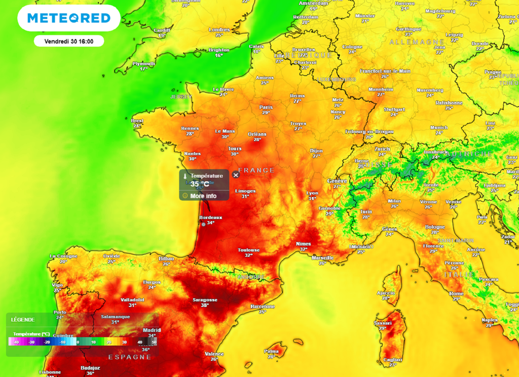 Vendredi après-midi, des pointes à plus de 35°C seront localement possibles dans le sud-ouest. Vendredi après-midi, des pointes à plus de 35°C seront localement possibles dans le sud-ouest.