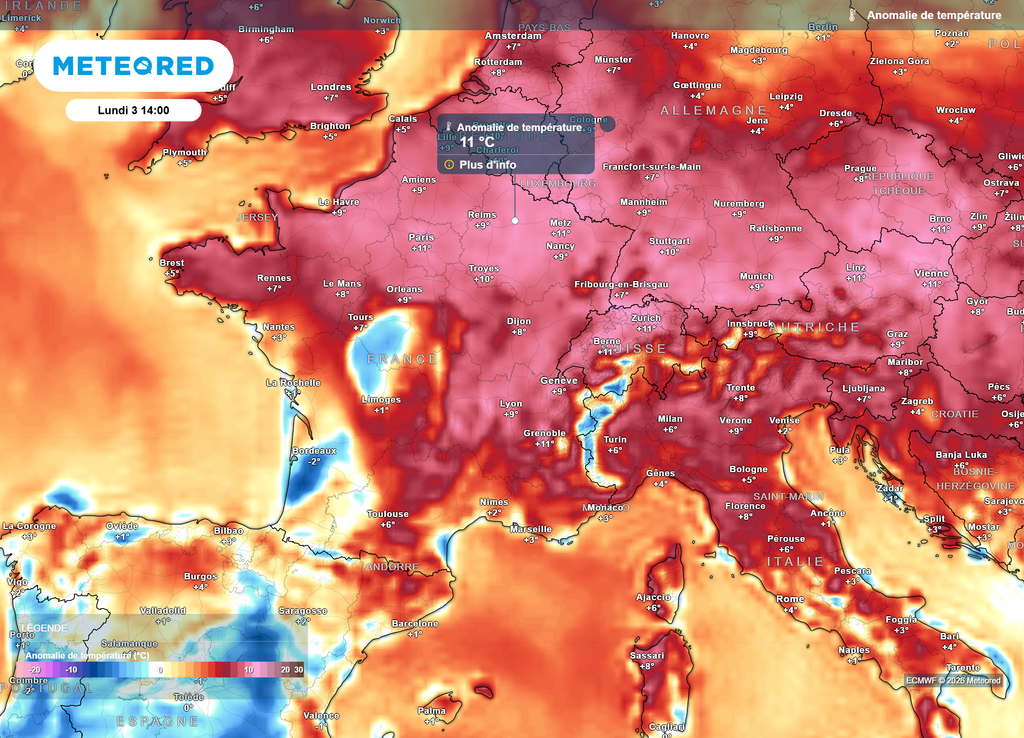 Anomalie de températures lundi 3 août C'est sur le Nord et le Nord-Est de la France que l'anomalie de températures sera la plus importante ce lundi après-midi, jusqu'à 11°C au-dessus des normales de saison.