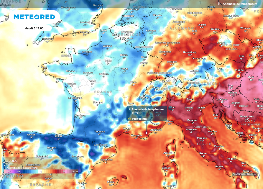 Anomalie de températures contraste jeudi après-midi Contraste saisissant prévu en fin de semaine, avec des valeurs parfois fraîches pour la saison dans le Sud-Ouest et près de la Manche, et encore caniculaires dans le Var.