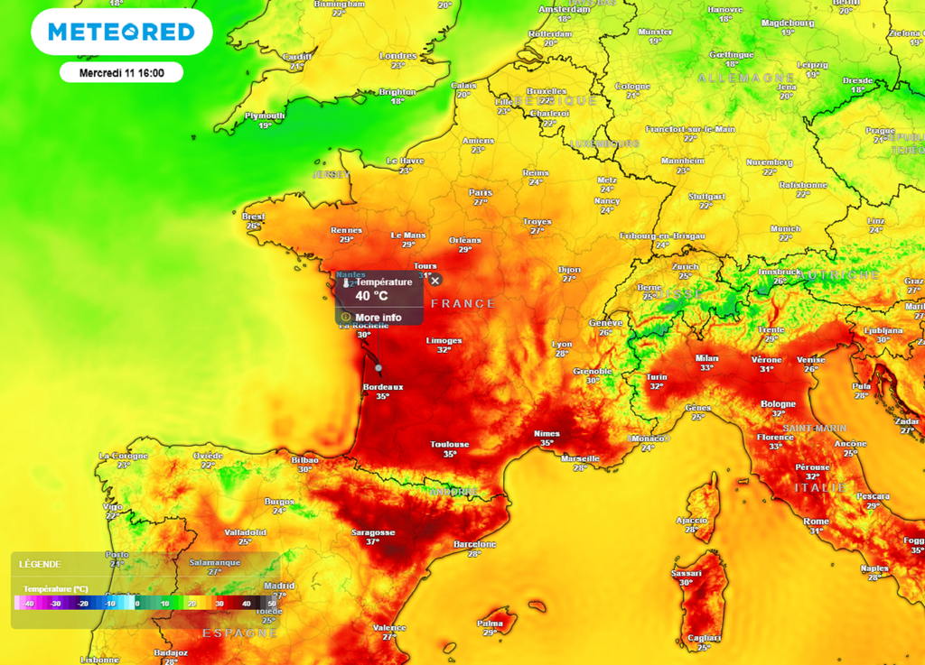 Mercredi après-midi, les 40°C seront localement approchés dans le sud-ouest du pays. Mercredi après-midi, les 40°C seront localement approchés dans le sud-ouest du pays.