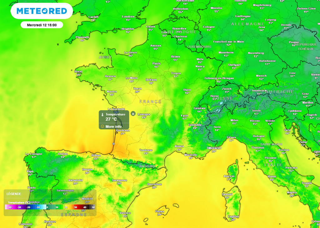 Mercredi après-midi, des pointes à 27°C seront possibles localement dans le sud-ouest. Mercredi après-midi, des pointes à 27°C seront possibles localement dans le sud-ouest.