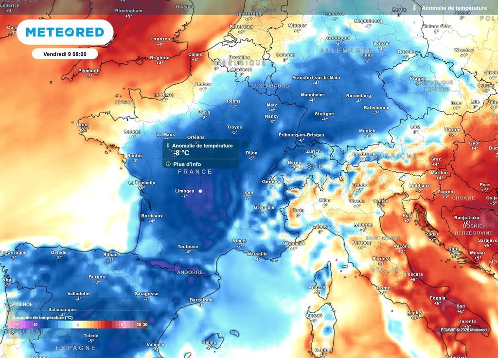 Anomalie de températures vendredi matin La coulée froide sur le pays est bien visible sur cette carte d'anomalie de températures pour vendredi matin, alors que la douceur reviendra déjà par la Manche avec une nouvelle perturbation.