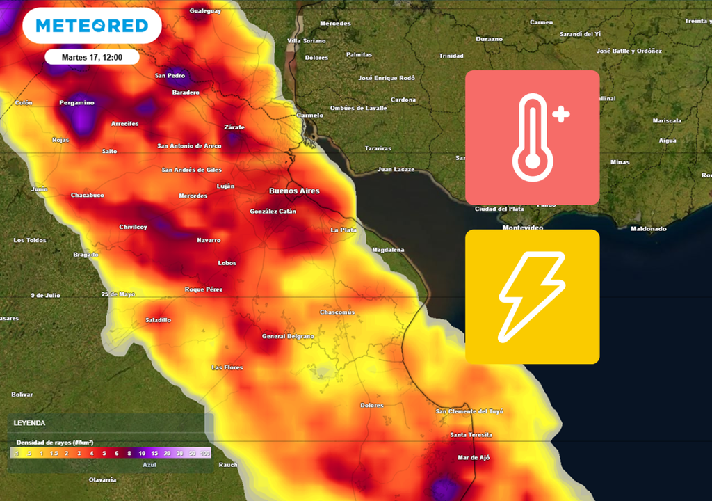 Pico de calor en Buenos Aires, antes de la llegada de un frente y el regreso de las tormentas al AMBA. Mapa: densidad de rayos para el martes 17, modelo ECMWF