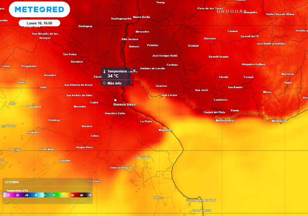 Notable ascenso de la temperatura para este domingo 15 y lunes 16 de marzo, serán los días más calurosos en lo que va del mes, antes del final del verano. Mapa: Meteored Argentina, modelo ECMWF.