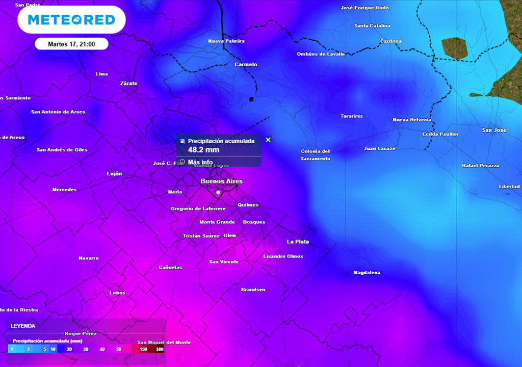 Milímetros acumulados durante las lluvias y tormentas que avanzarán por Bs. As. junto al frente frío, este martes 17 de marzo en la zona del AMBA. Modelo: ECMWF