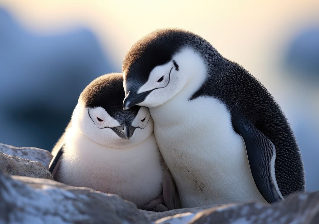 Pareja de pingüinos barbijo abrazados