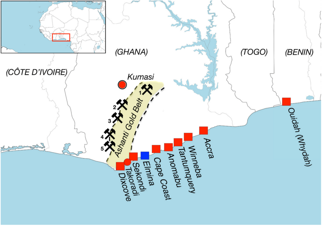 Ashanti-Goldgürtel: 1 = Konongo, 2 = Obuasi, 3 = Mampon, 4 = Bogosu, 5 = Prestea. Die britischen Festungen des frühen 18. Jahrhunderts, welche die Whydah Gally evtuell angelaufen hat, sind rot markiert. Blau: niederländisches Hauptquartier in Westafrika. Bild: Tobias Skowronek