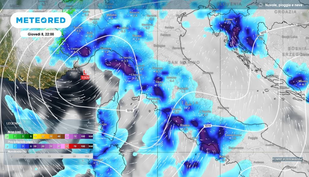 Giovedì 8 ottobre sarà una giornata di forte maltempo in Italia, specie sul versante tirrenico.