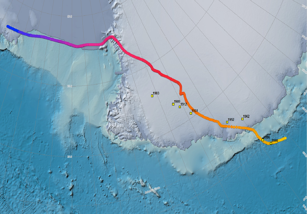 Polo sud La posizione del polo sud magnetico differisce di circa 11 gradi dal polo sud geografico e la sua posizione continua a cambiare nel tempo come mostrato dalla linea colorata in figura.