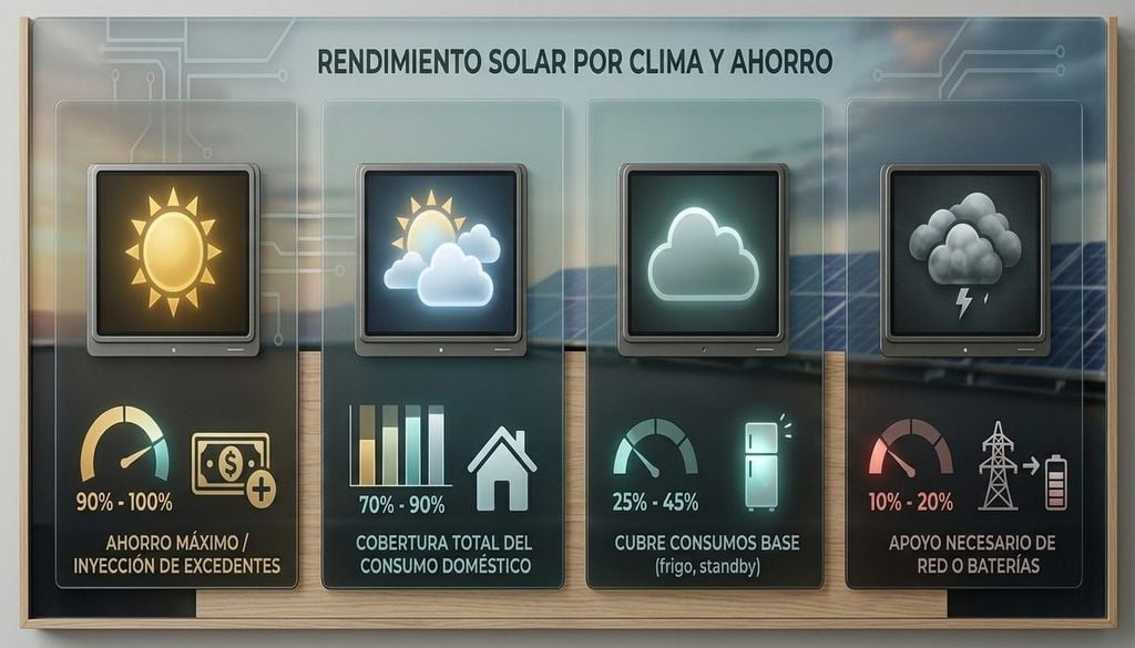 Paneles solares Rendimiento de los paneles solares con Sol, nubes o lluvia.