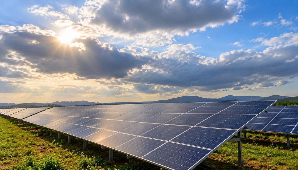 Paneles solares con cielo nublado Las placas solares y los días nublados son compatibles: con mucha nubosidad pueden generar entre el 10% y el 25% de su capacidad máxima. Imagen: IA.