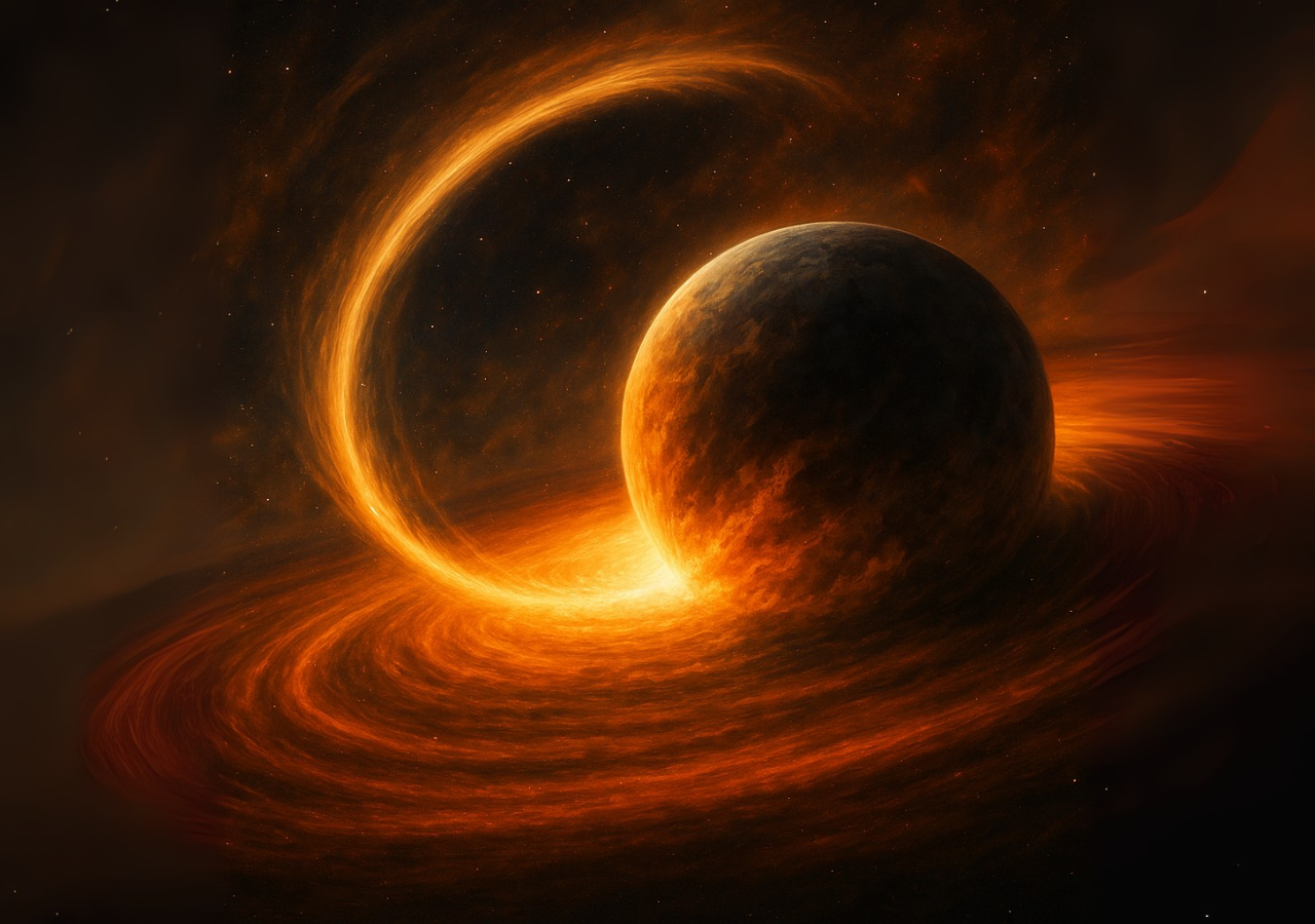 Representación artística del planeta errante Cha 1107-7626 en pleno proceso de acreción, absorbiendo gas y polvo a un ritmo récord, con un espectacular disco luminoso que refleja su violento crecimiento en el espacio interestelar.