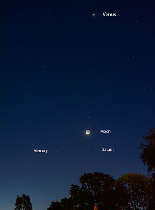Planetas En El Cielo Y Brillo De La Tierra Cuando el sol se pone esta noche, salir y buscar el suroeste. La Luna creciente y Venus se están reuniendo para dar un conjunto hermoso. Denis Crute envía esta imagen de Parkes, NSW, Australia:"¡Qué bonita vista justo después de la puesta del sol¡", dice Crute. "Esta imagen está a 2 segundos de exposición en ISO 1600."Esta noche y mañana, la Luna creciente pasará por Venus, formando un dúo brillante visible mucho antes de que el cielo se desvanezca a negro. También, esté alerta por el brillo de la Tierra - un resplandor fantasmal iluminando el terreno oscuro de la media luna. El brillo de la Tierra es la luz solar reflejada por nuestro planeta a la Luna. Una Luna creciente con brillo de la Tierra enmarcado por el crepúsculo azul es uno de las vistas más hermosas del cielo. ¡No te lo pierdas! .Denis CruteSpaceweather.com