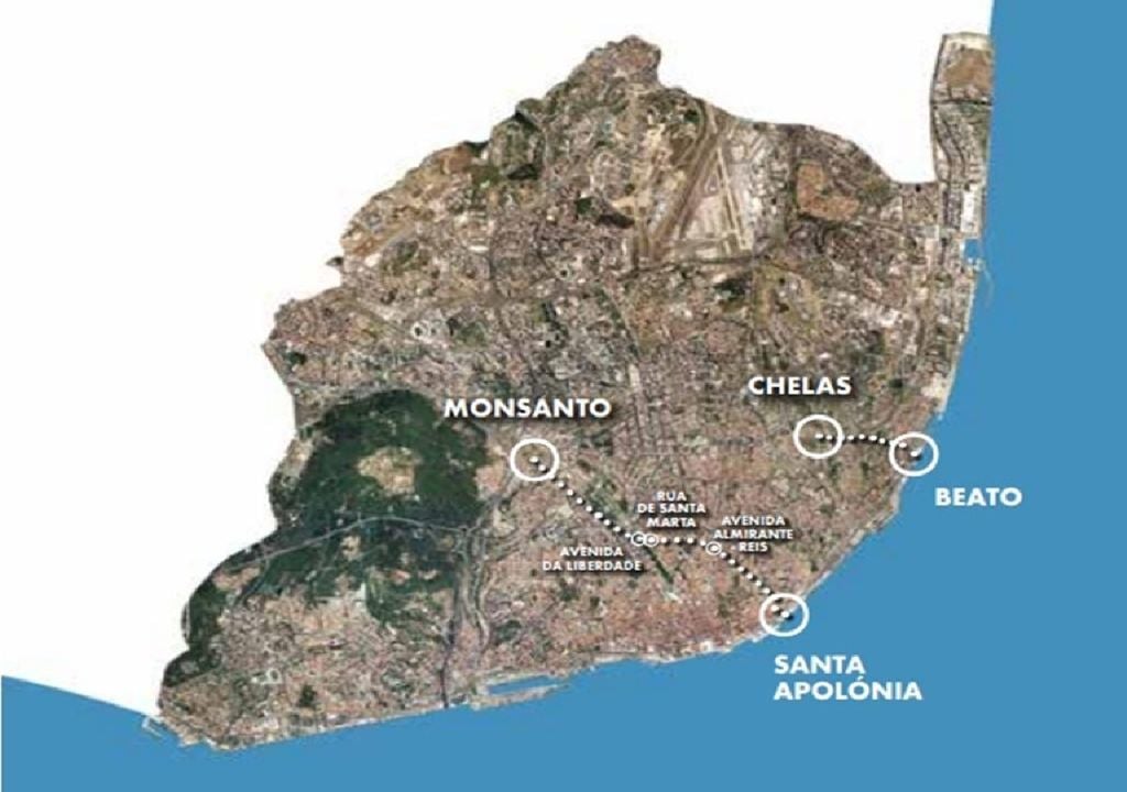 mapa com os locais por onde vão passar os dois túneis do plano de drenagem de Lisboa mapa com os locais por onde vão passar os dois túneis do plano de drenagem de Lisboa