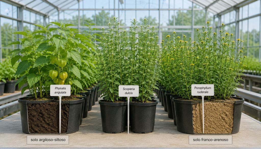 vegetação, controlada, temperatura, solo Experimento em casa de vegetação comparou o crescimento das espécies em dois tipos de solo: argiloso-siltoso e franco-arenoso.