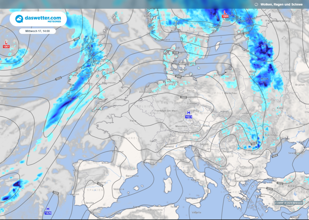 meteored Wetterkarte mit Niederschlags- und Wolkenverteilung für kommenden Mittwoch 17. Juli