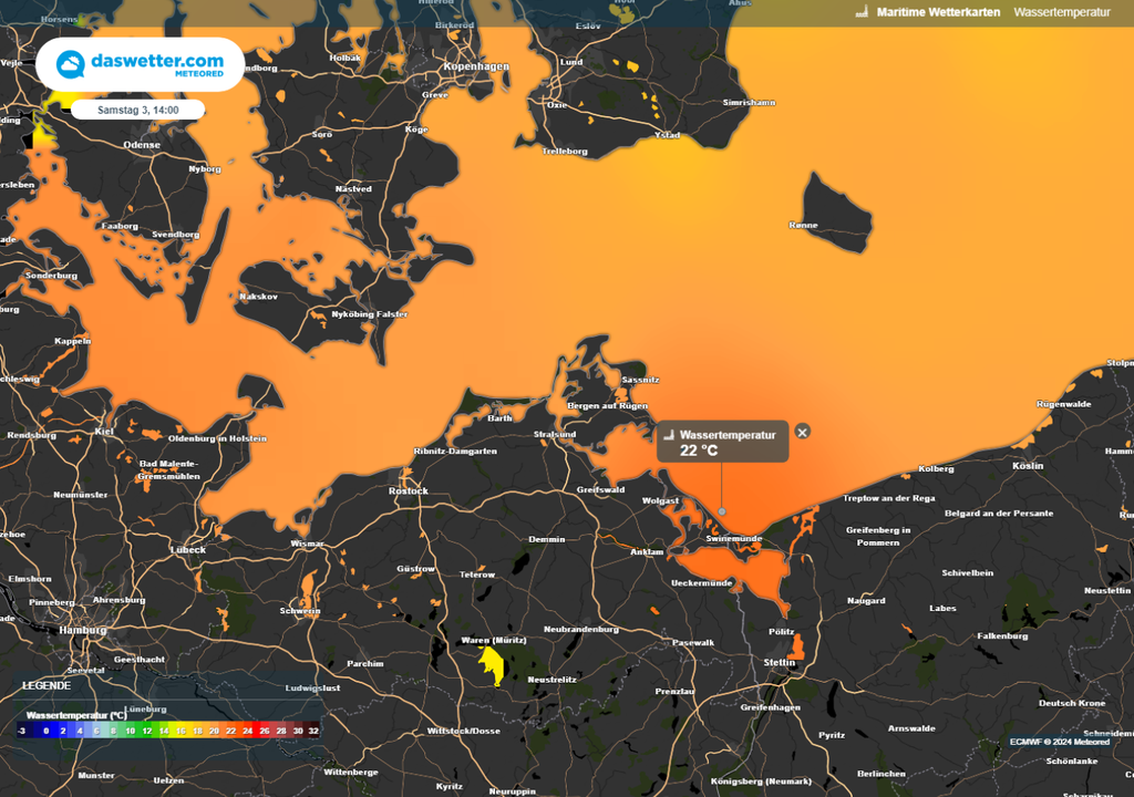 meteored Wetterkarte mit den aktuellen Wassertemperaturen an der deutschen Ostseeküste