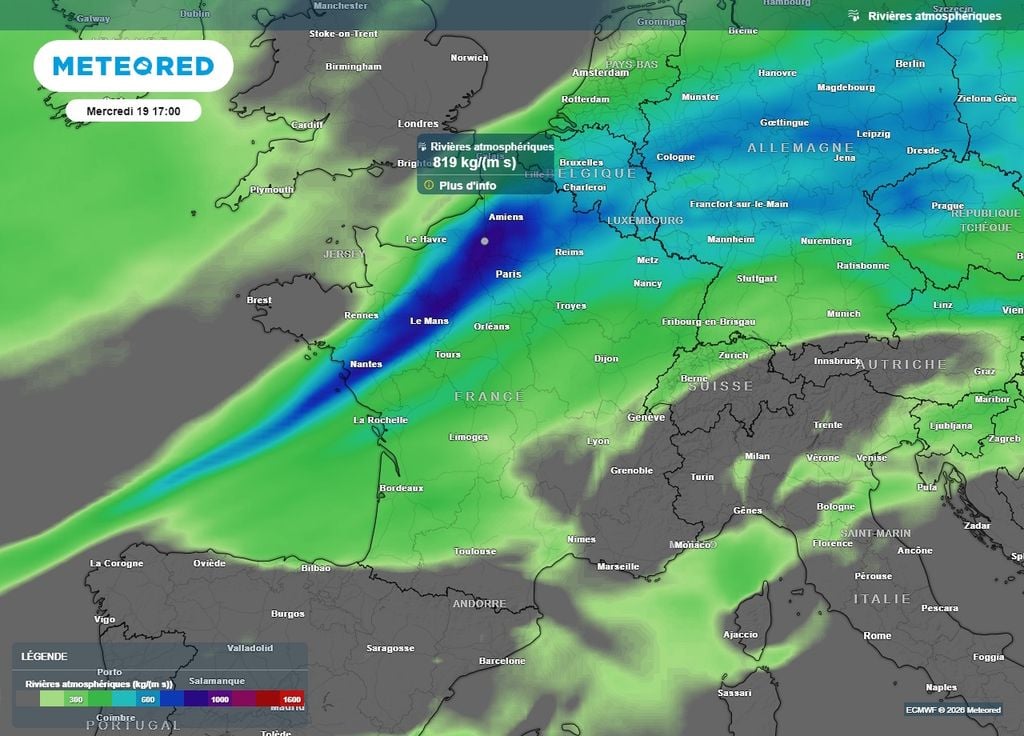 Une rivière atmosphérique passe sur le nord de la France ce mercredi avec des pluies soutenues Une rivière atmosphérique passe sur le nord de la France ce mercredi avec des pluies soutenues