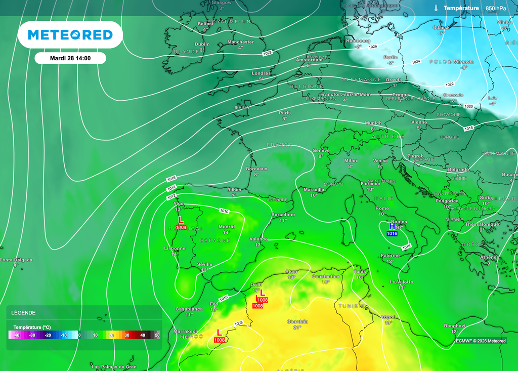 Un air plus doux sera présent au sud, plus frais au nord ( tout du moins en altitude).