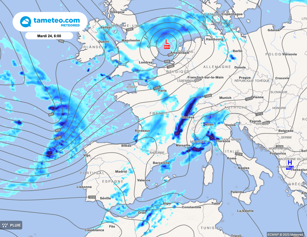 El flujo de sur a suroeste provocará la formación de un eje de lluvias bastante claro entre las Cevenas y el Jura.