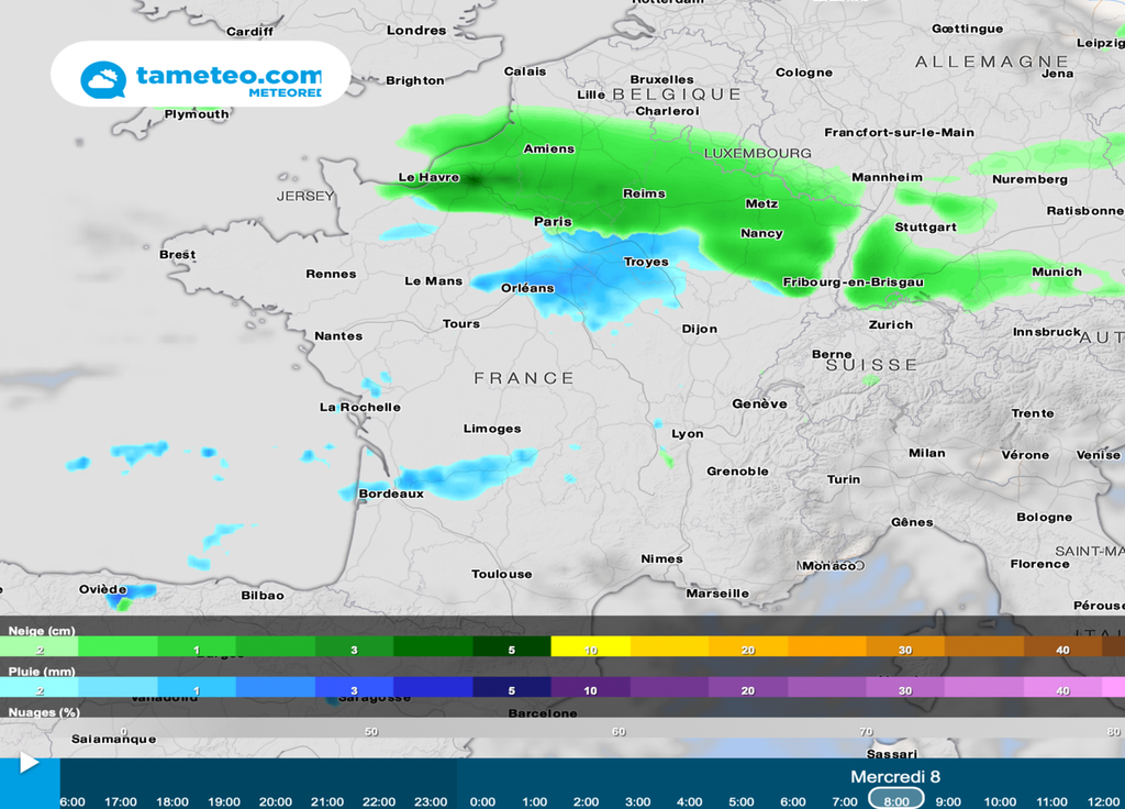 Des chutes de neige tenant au sol sont envisagées pour la journée de mercredi. D'après les dernières sorties numériques, il pourrait tomber localement 5 à 10cm.