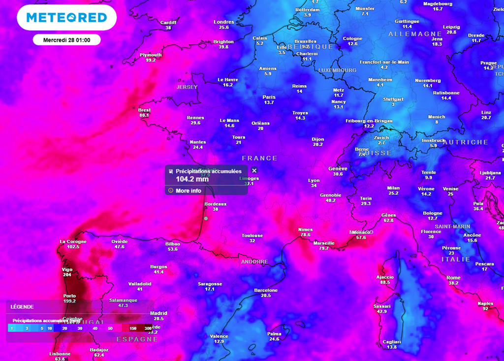 D'ici le début de semaine prochaine, les cumuls pourront ponctuellement dépasser les 100 mm dans l'ouest et le sud. D'ici le début de semaine prochaine, les cumuls pourront ponctuellement dépasser les 100 mm dans l'ouest et le sud.