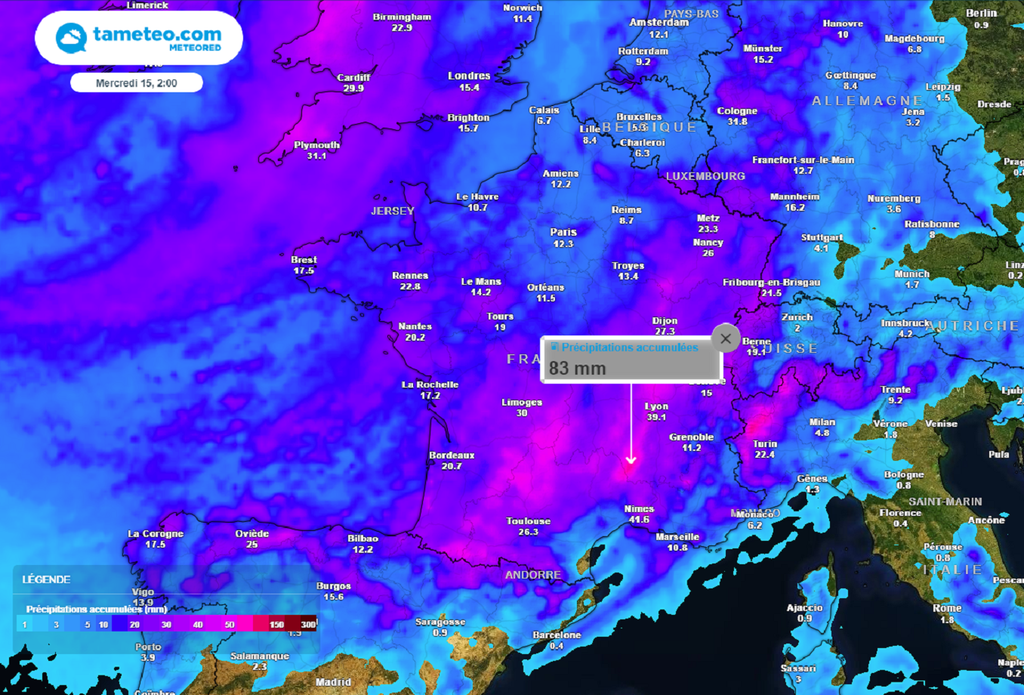 En début de semaine prochaine, les cumuls les pluies importants se produiront entre le sud-ouest et le centre-est du pays.