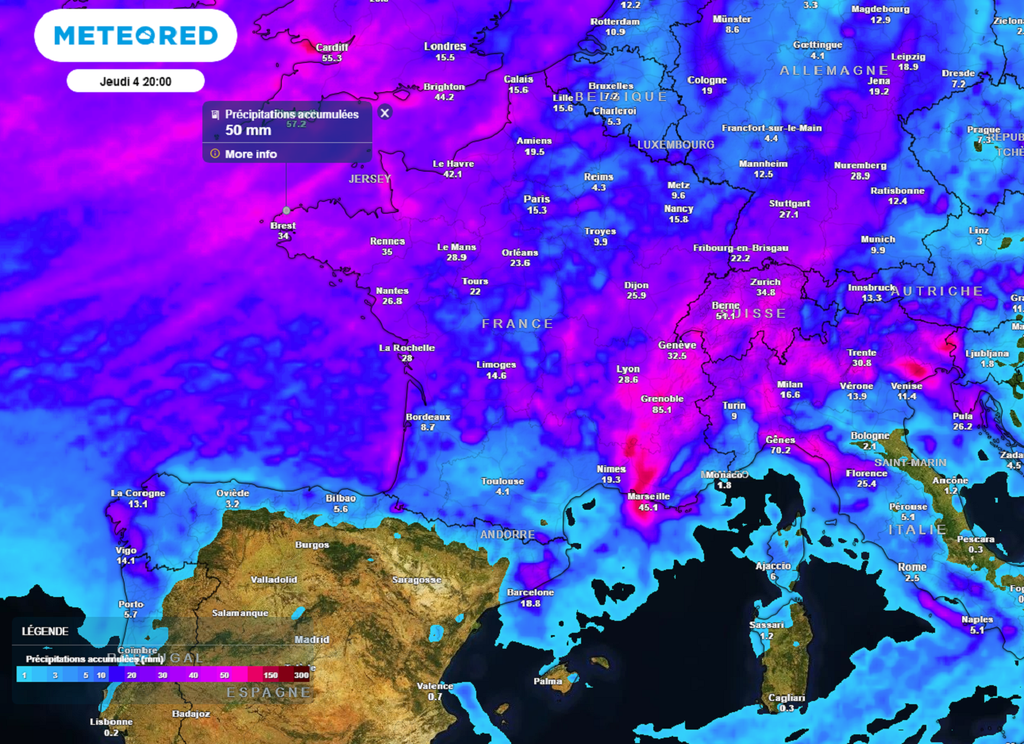 Des cumuls proches de 50 mm seront localement possibles en Bretagne au cours des prochaines 24 heures.