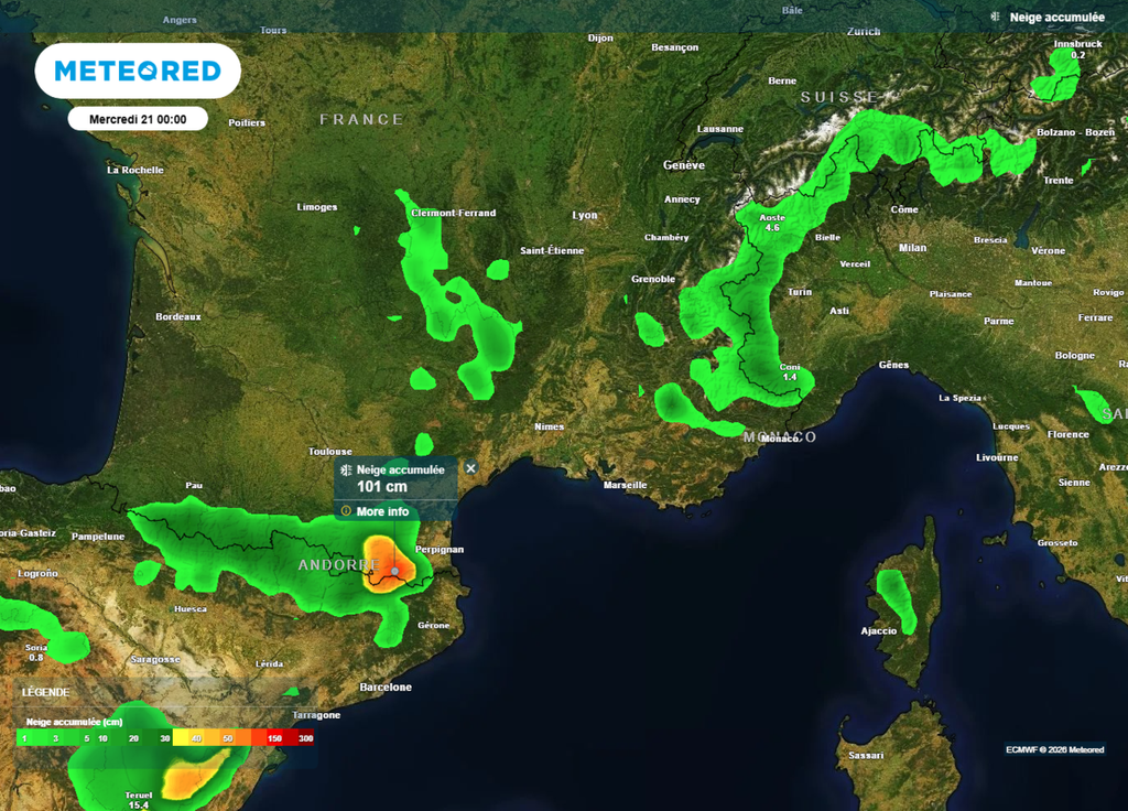 Si les cumuls de neige s'annoncent modestes sur la montagne corse, les hauteurs des Pyrénées-Orientales pourraient recevoir jusqu'à un mètre de neige fraîche d'ici mardi !