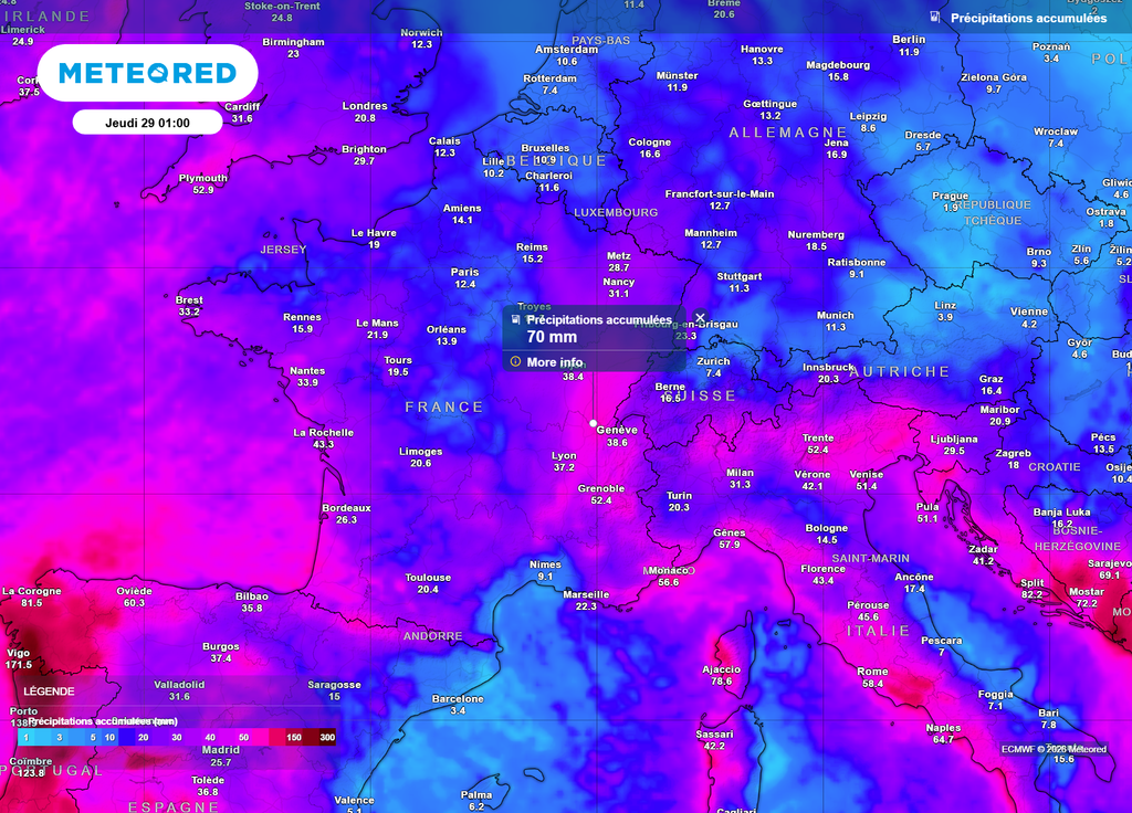 Cumuls précipitations mercredi soir D'ici mercredi soir, des cumuls de pluie importants sont prévus sur les façades Ouest et Est du pays : jusqu'à 70mm en Franche-Comté, et peut-être 100mm sur l'Ouest de la Corse.