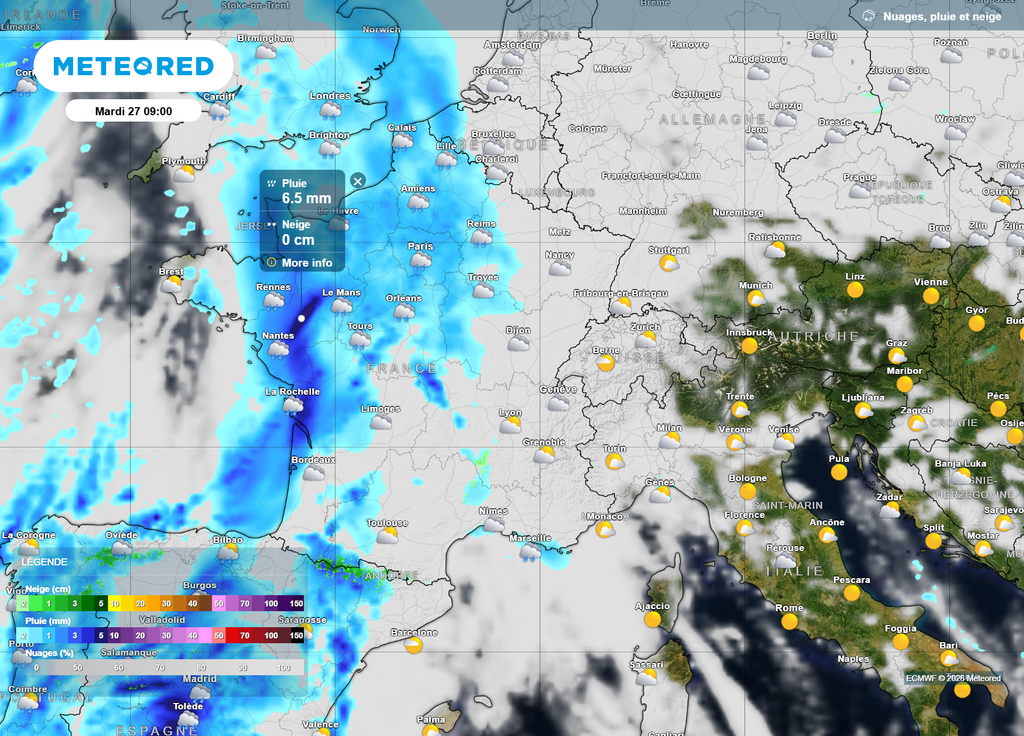 Nuages et pluies mardi matin Mardi matin, la nouvelle perturbation pluvieuse concernera les deux-tiers Ouest du pays, avec des cumuls importants entre Pays-de-la-Loire et Poitou-Charentes.