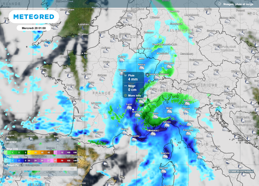 Nuages pluie et neige nuit de mardi à mercredi Dans la nuit de mardi à mercredi, il faudra surveiller les cumuls de pluie et la neige à basse altitude sur la façade Est du pays.