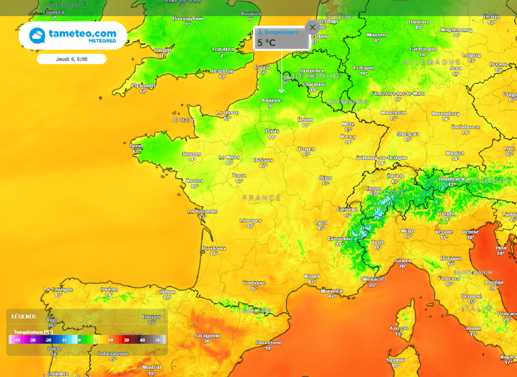 Jeudi matin, la fraîcheur sera marquée dans un large quart nord-ouest, avec localement moins de 5°C en campagne !
