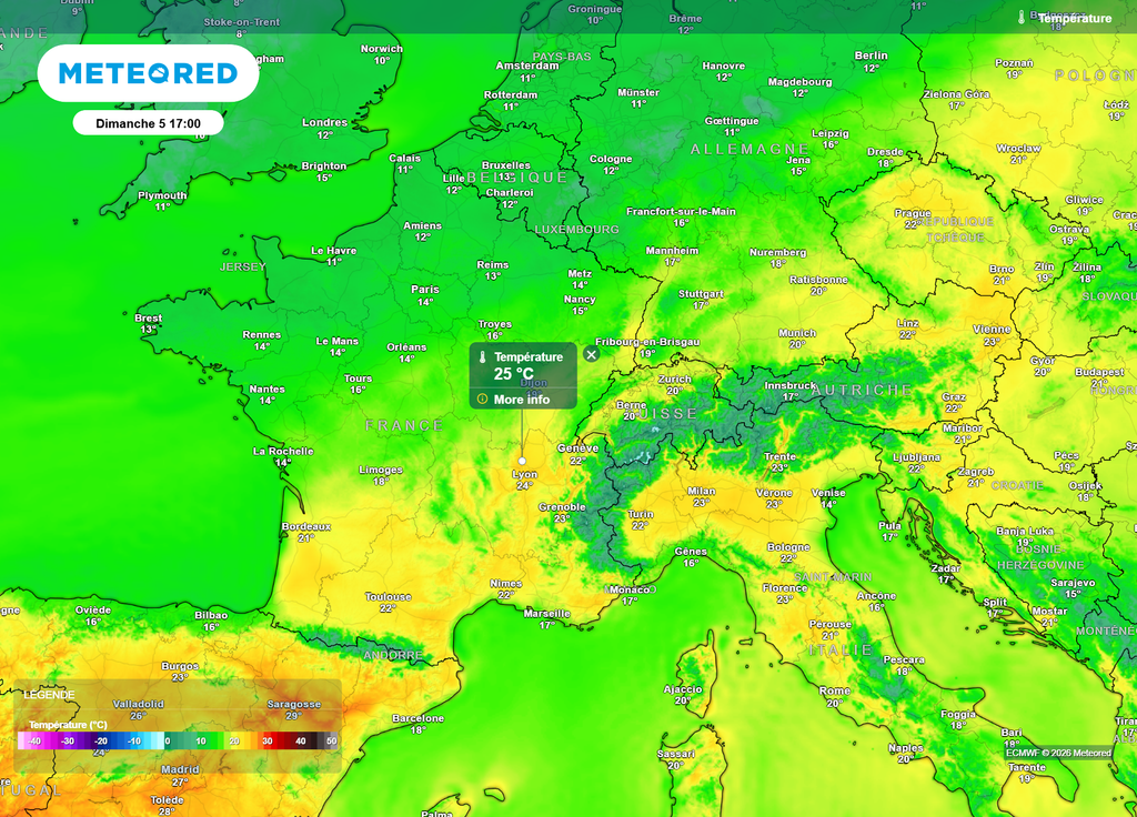 Ce dimanche après-midi, la région Auvergne-Rhône-Alpes sera également concernée par des pointes à 25°C.