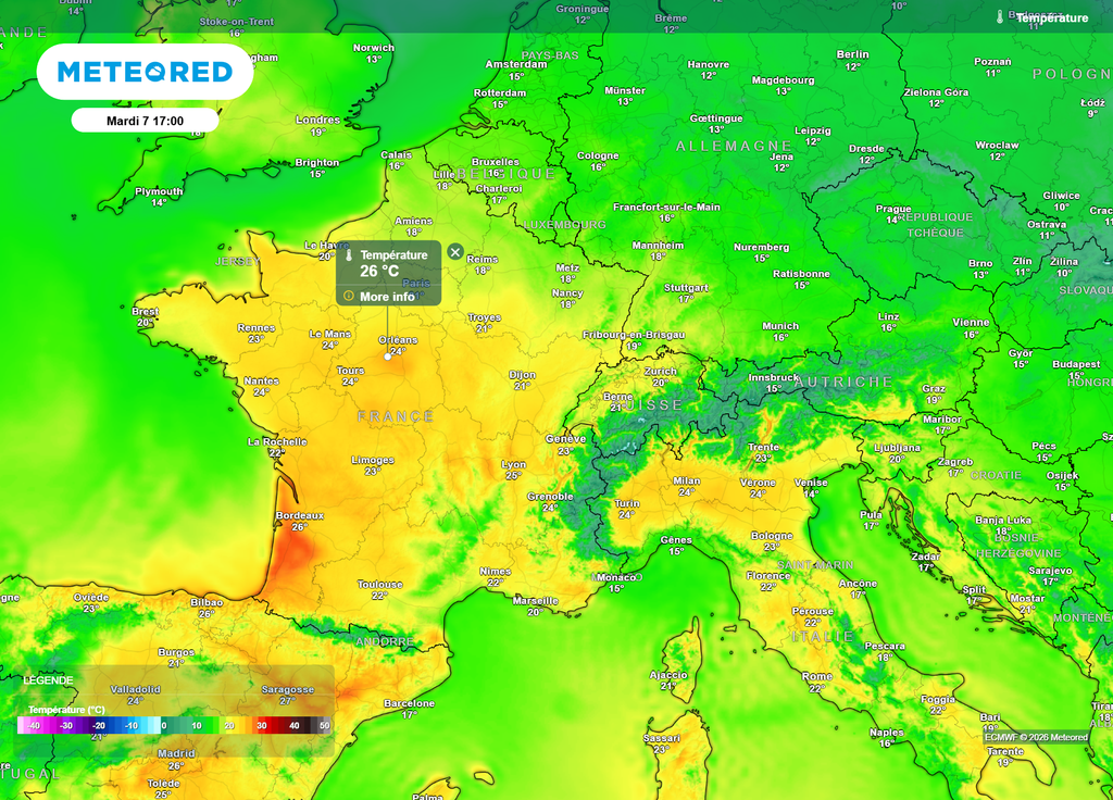 Mardi après-midi, le seuil de chaleur va remonter jusqu'à la région Centre-Val-de-Loire, où des pointes à 26°C seront probables.